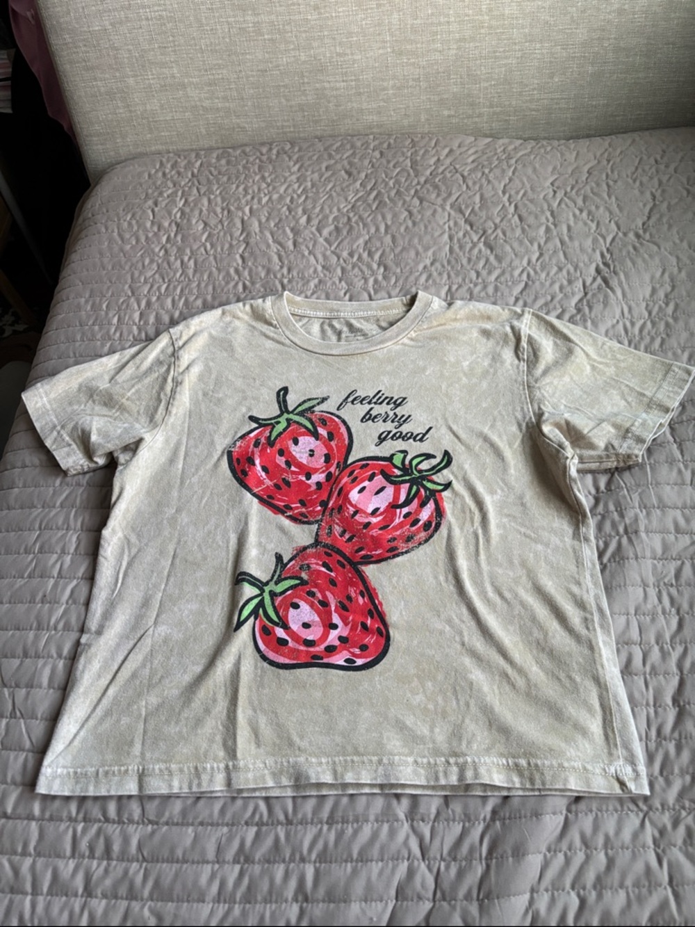 Rebellious One Beige Kids Tee with Red Strawberry Graphic